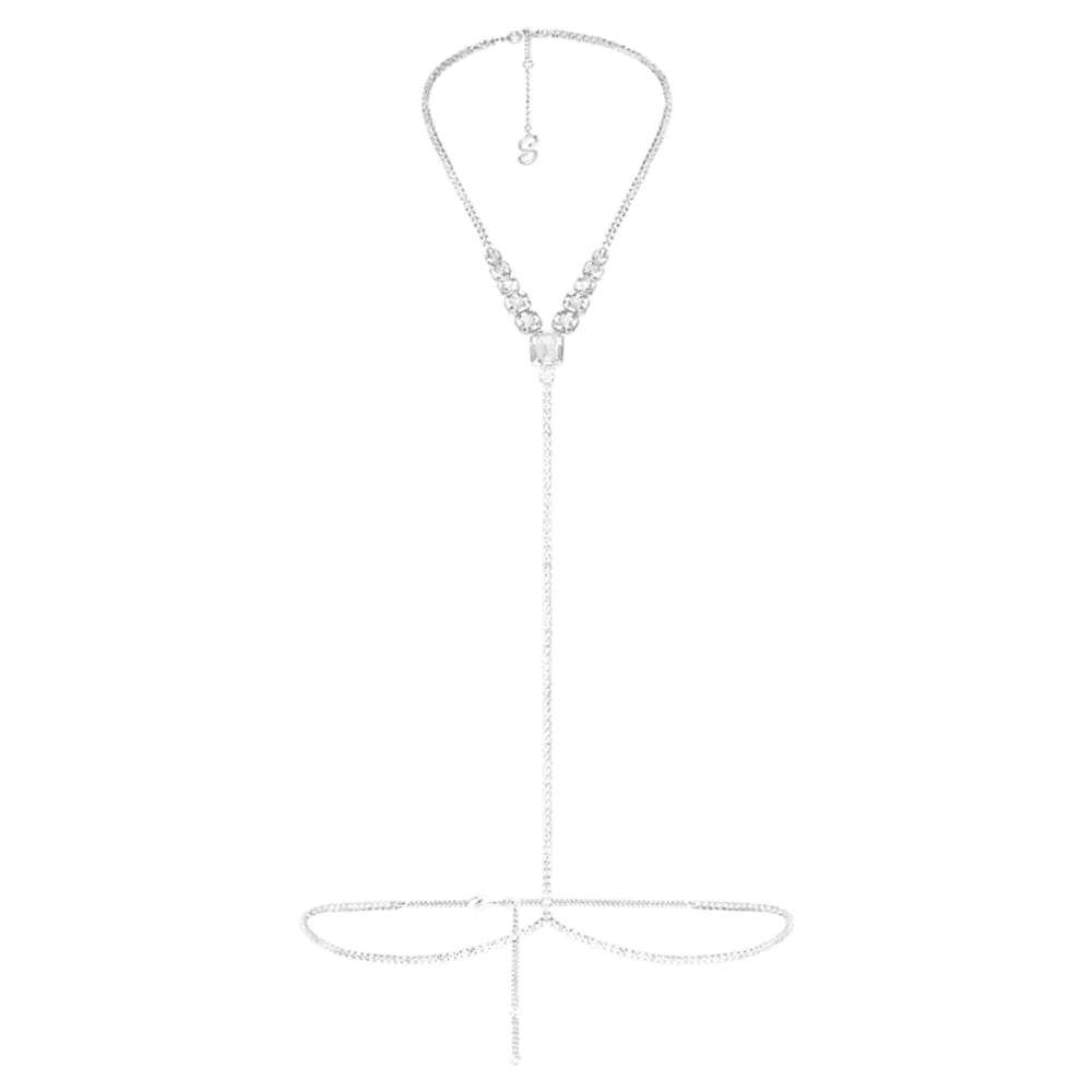 Swarovski x SKIMS body chain, Mixed cuts, Cupchain, Y-shape, White, Rhodium plated by SWAROVSKI