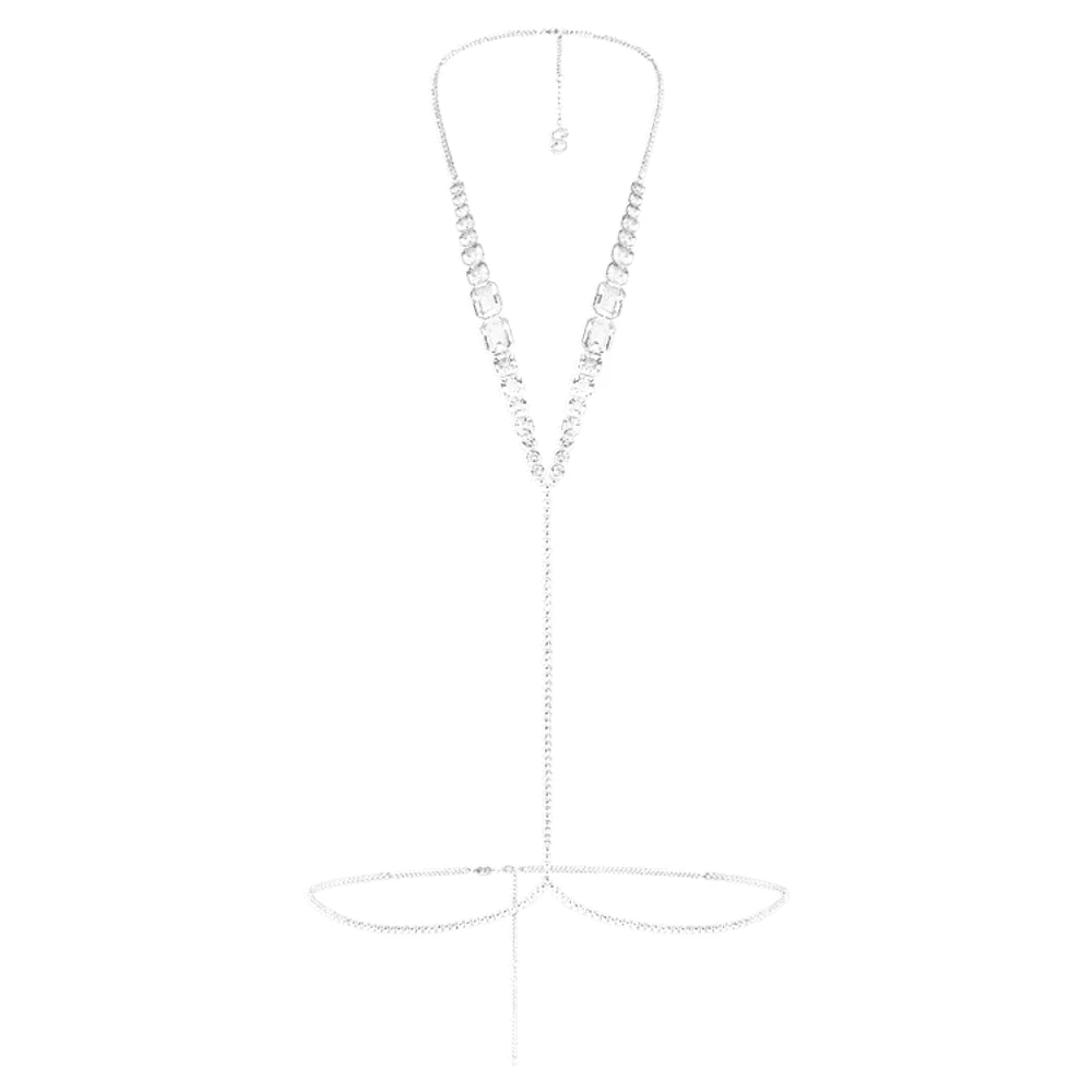 Swarovski x SKIMS body chain, Mixed cuts, Cupchain, V-shape, White, Rhodium plated by SWAROVSKI