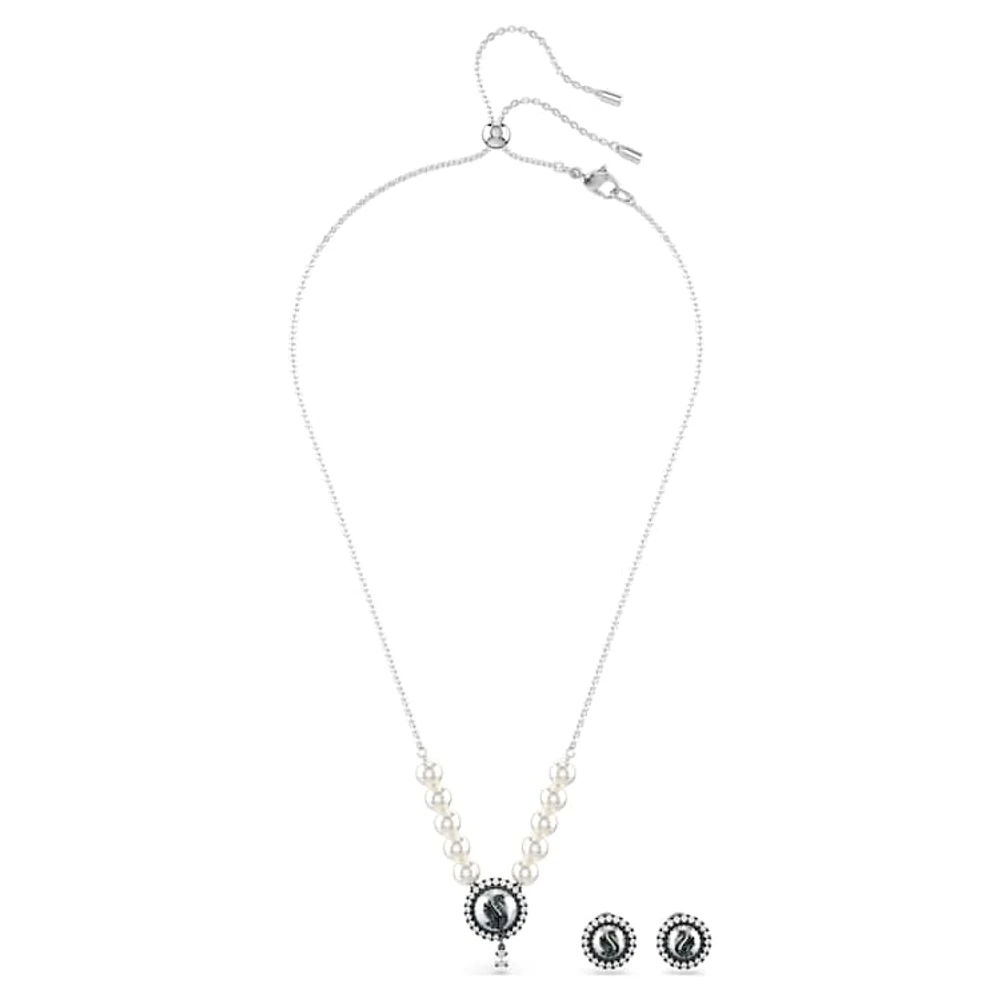 Swan set, Crystal pearl, Swan, Grey, Rhodium plated by SWAROVSKI