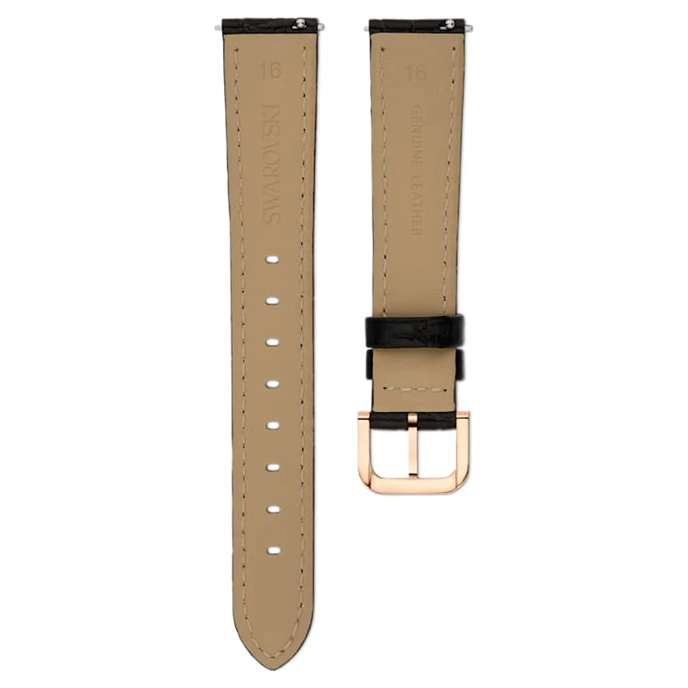 Watch strap, 16 mm (0.63") width, Leather with stitching, Black, Rose gold-tone finish by SWAROVSKI