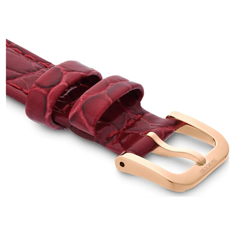 Watch strap, 16 mm (0.63") width, Leather with stitching, Red, Rose gold-tone finish by SWAROVSKI