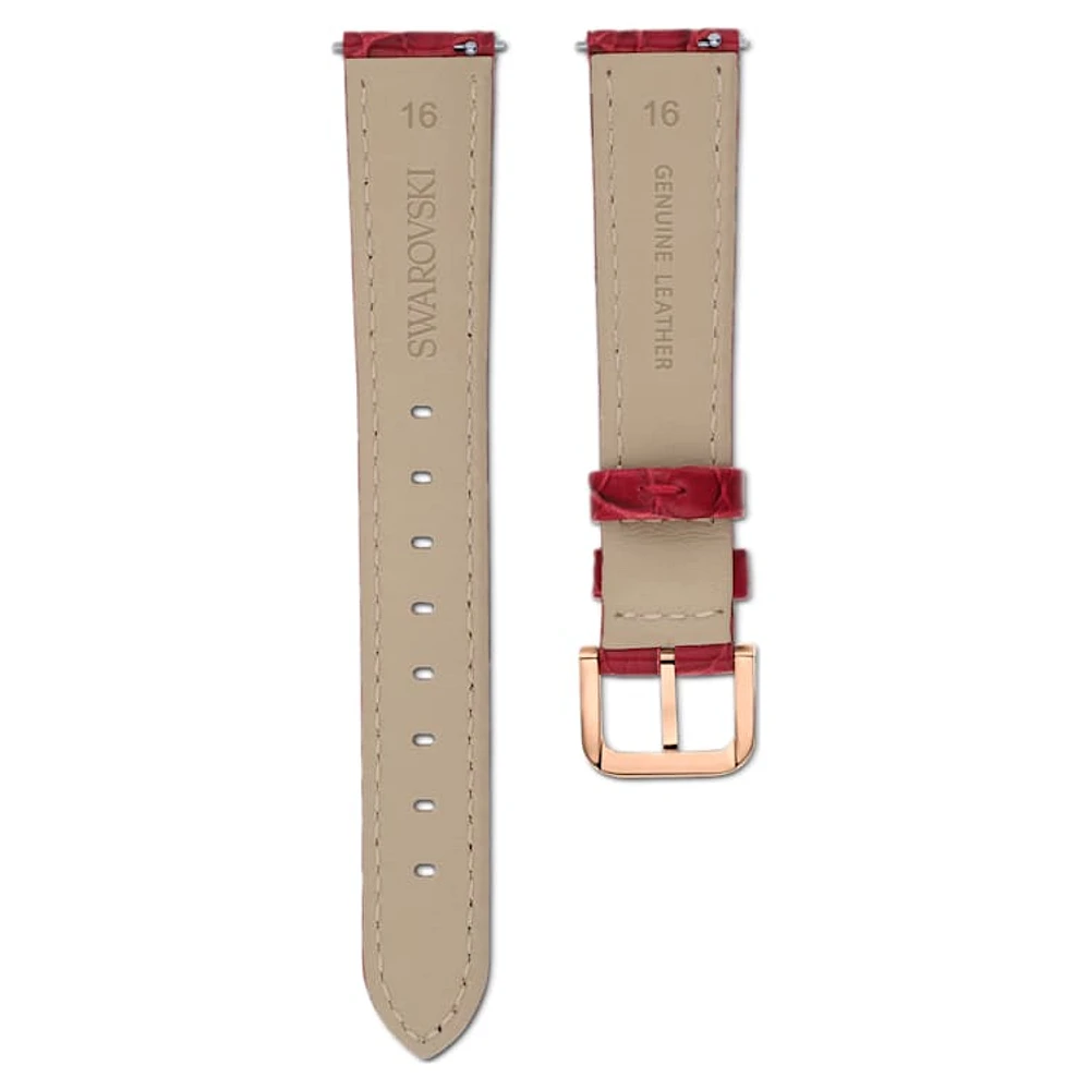 Watch strap, 16 mm (0.63") width, Leather with stitching, Red, Rose gold-tone finish by SWAROVSKI