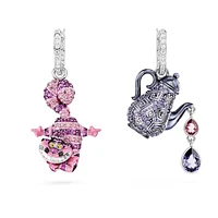 Alice in Wonderland drop earrings, Asymmetrical design, Cat and teapot, Multicoloured, Rhodium plated by SWAROVSKI