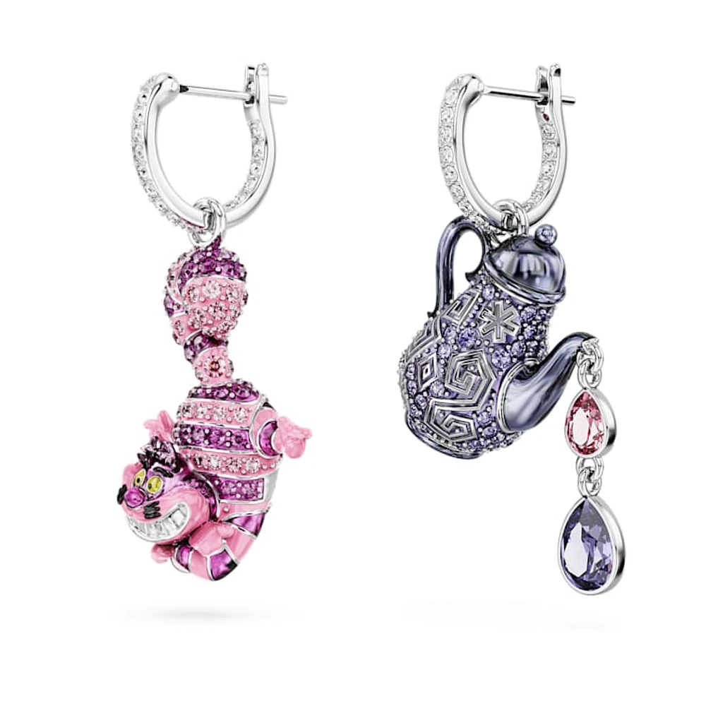 Alice in Wonderland drop earrings, Asymmetrical design, Cat and teapot, Multicoloured, Rhodium plated by SWAROVSKI