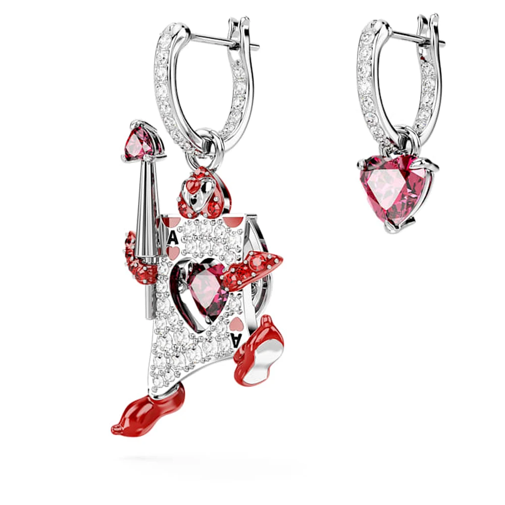 Alice in Wonderland drop earrings, Asymmetrical design, Playing card, Red, Rhodium plated by SWAROVSKI