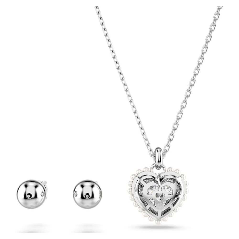 Idyllia set, Crystal pearl, Heart, White, Rhodium plated by SWAROVSKI