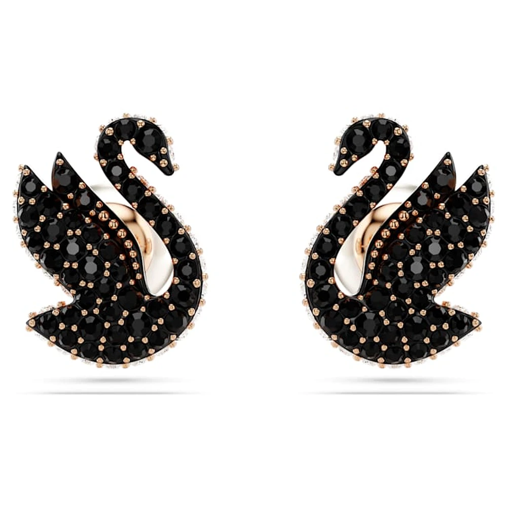 Swan stud earrings, Crystal pearl, Swan, Black, Rose gold-tone plated by SWAROVSKI