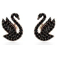 Swan stud earrings, Crystal pearl, Swan, Black, Rose gold-tone plated by SWAROVSKI