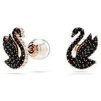 Swan stud earrings, Crystal pearl, Swan, Black, Rose gold-tone plated by SWAROVSKI