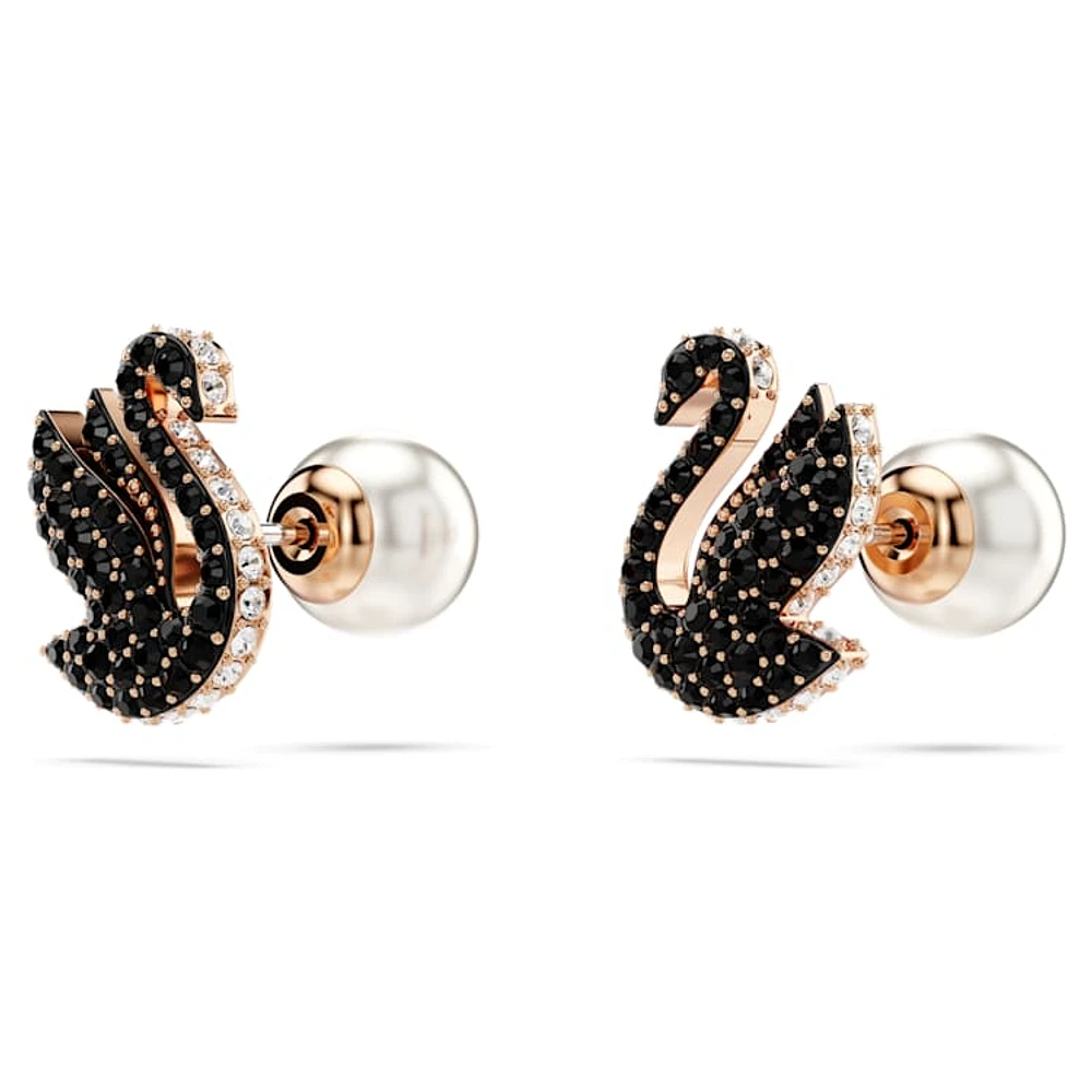 Swan stud earrings, Crystal pearl, Swan, Black, Rose gold-tone plated by SWAROVSKI