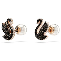 Swan stud earrings, Crystal pearl, Swan, Black, Rose gold-tone plated by SWAROVSKI