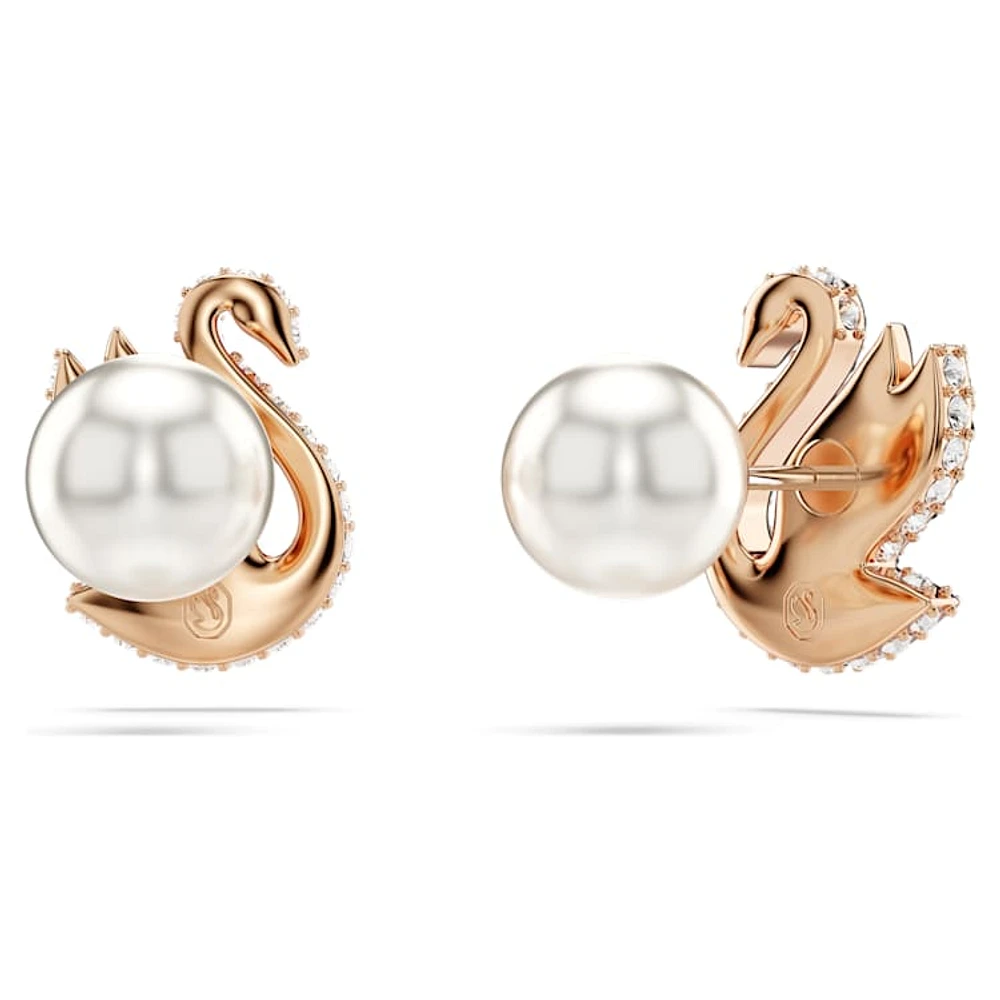 Swan stud earrings, Crystal pearl, Swan, Black, Rose gold-tone plated by SWAROVSKI