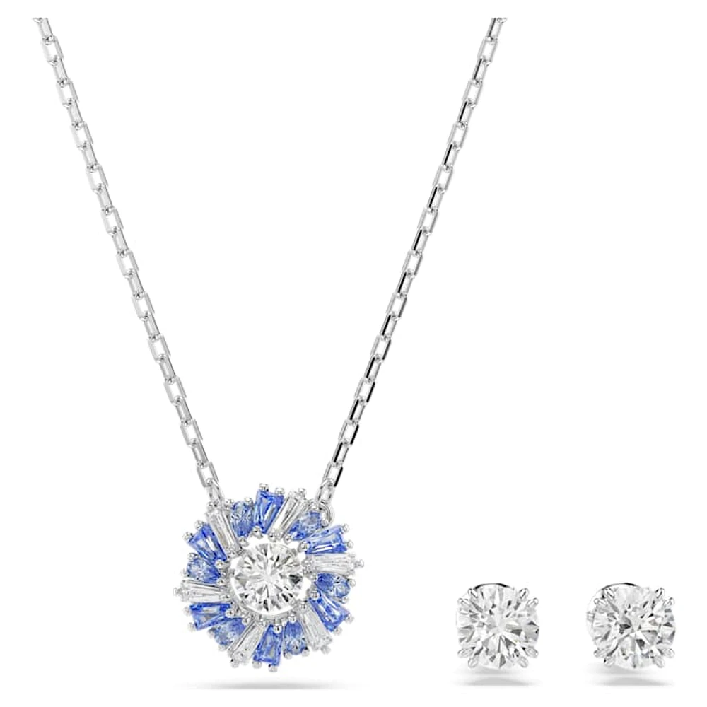 Idyllia set, Mixed cuts, Flower, Blue, Rhodium plated by SWAROVSKI