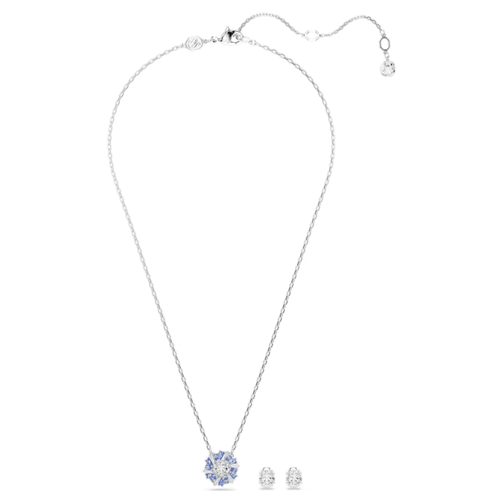 Idyllia set, Mixed cuts, Flower, Blue, Rhodium plated by SWAROVSKI