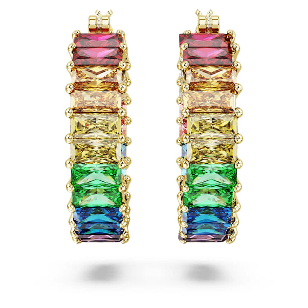 Matrix hoop earrings, Baguette cut, Multicoloured, Gold-tone plated by SWAROVSKI