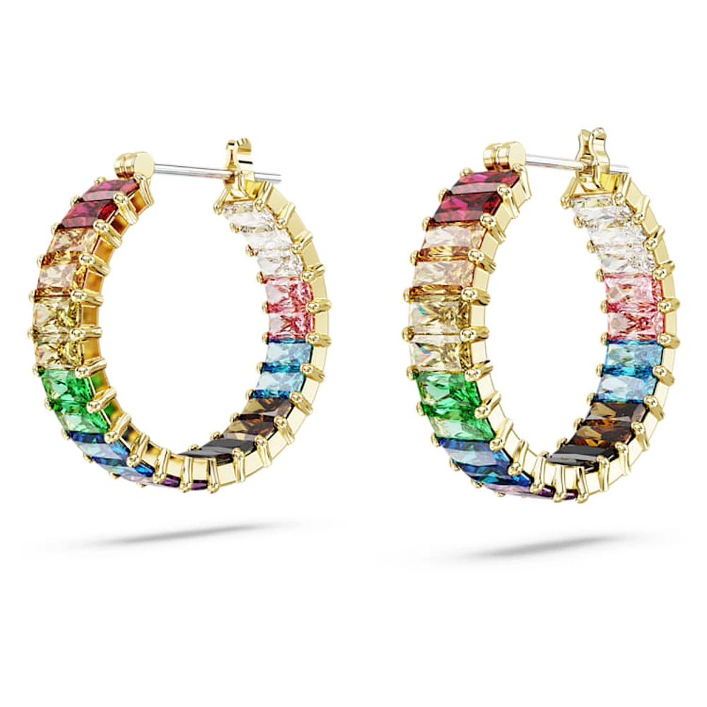 Matrix hoop earrings, Baguette cut, Multicoloured, Gold-tone plated by SWAROVSKI