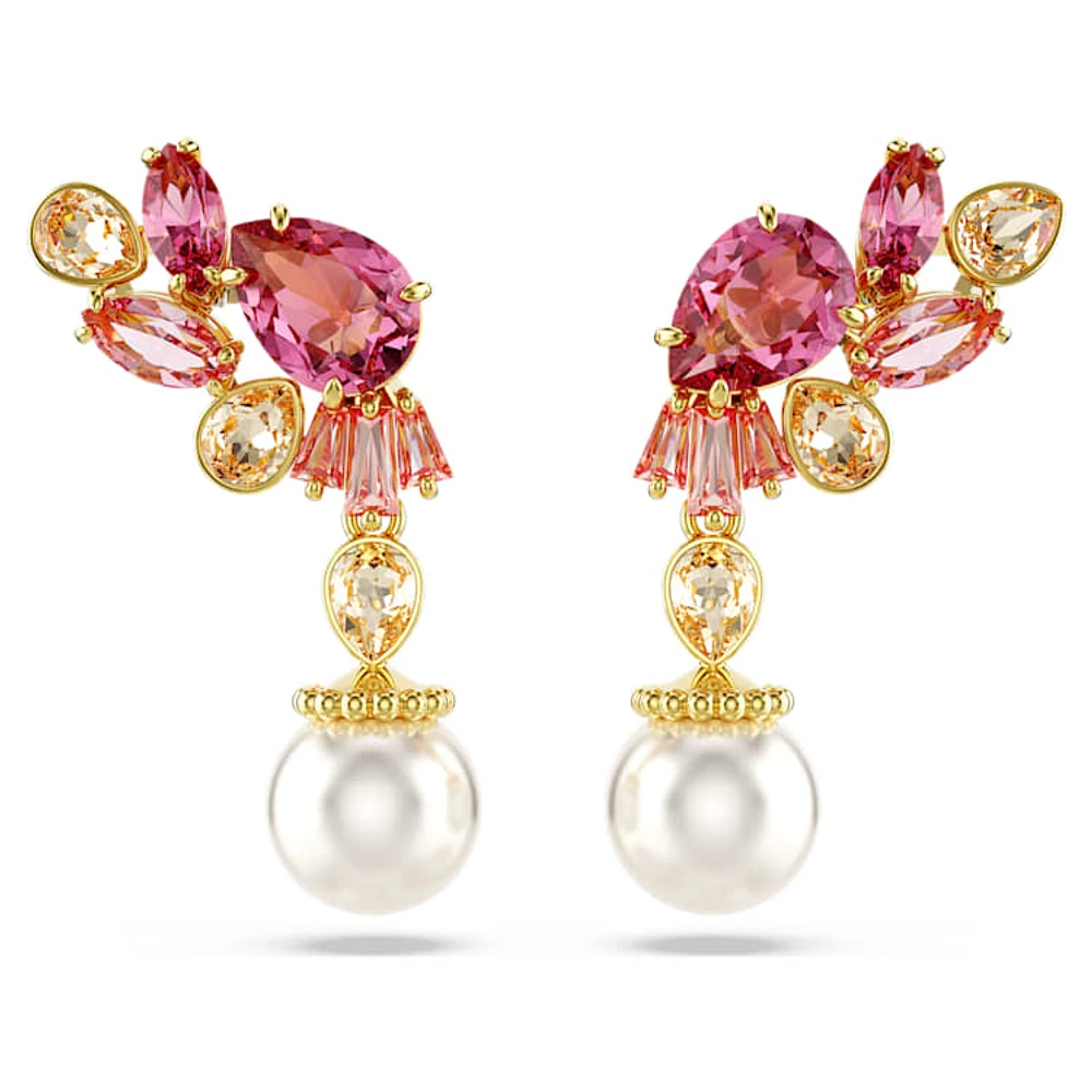 Gema drop earrings, Mixed cuts, Crystal pearls, Flower, Pink, Gold-tone plated by SWAROVSKI