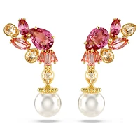 Gema drop earrings, Mixed cuts, Crystal pearls, Flower, Pink, Gold-tone plated by SWAROVSKI