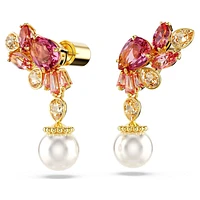 Gema drop earrings, Mixed cuts, Crystal pearls, Flower, Pink, Gold-tone plated by SWAROVSKI