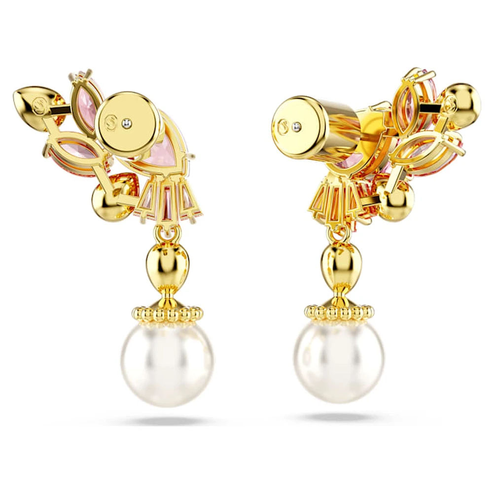 Gema drop earrings, Mixed cuts, Crystal pearls, Flower, Pink, Gold-tone plated by SWAROVSKI