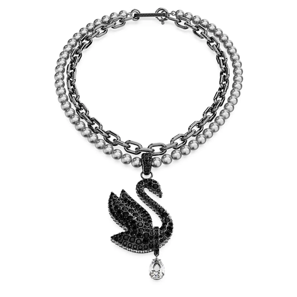 Swan choker and brooch, Crystal pearl, Swan, Black, Ruthenium plated by SWAROVSKI