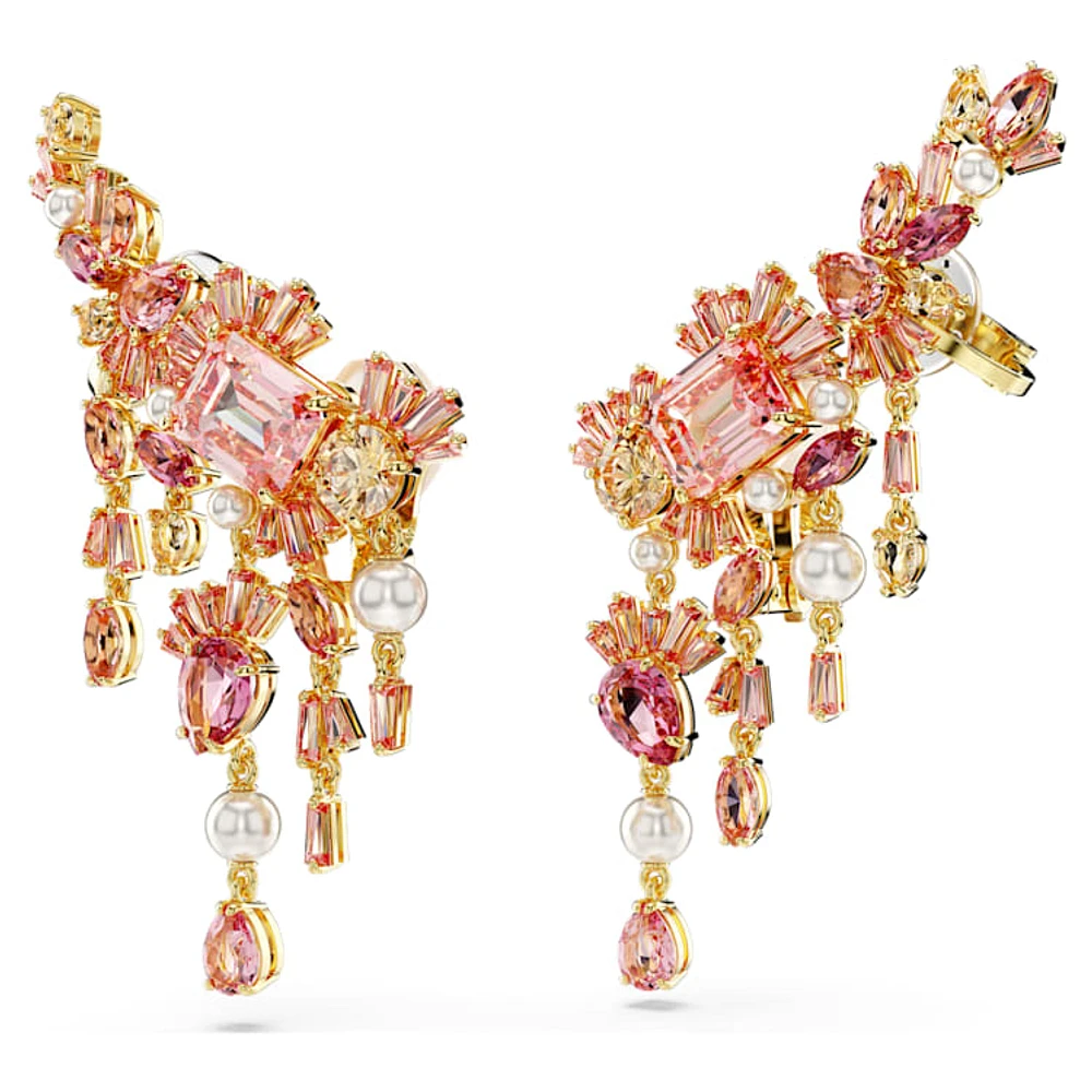 Gema clip earrings, Mixed cuts, Chandelier, Flower, Pink, Gold-tone plated by SWAROVSKI