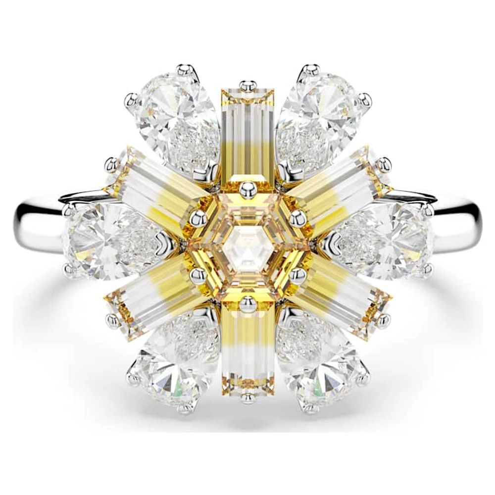 Idyllia cocktail ring, Mixed cuts, Flower, Yellow, Rhodium plated by SWAROVSKI