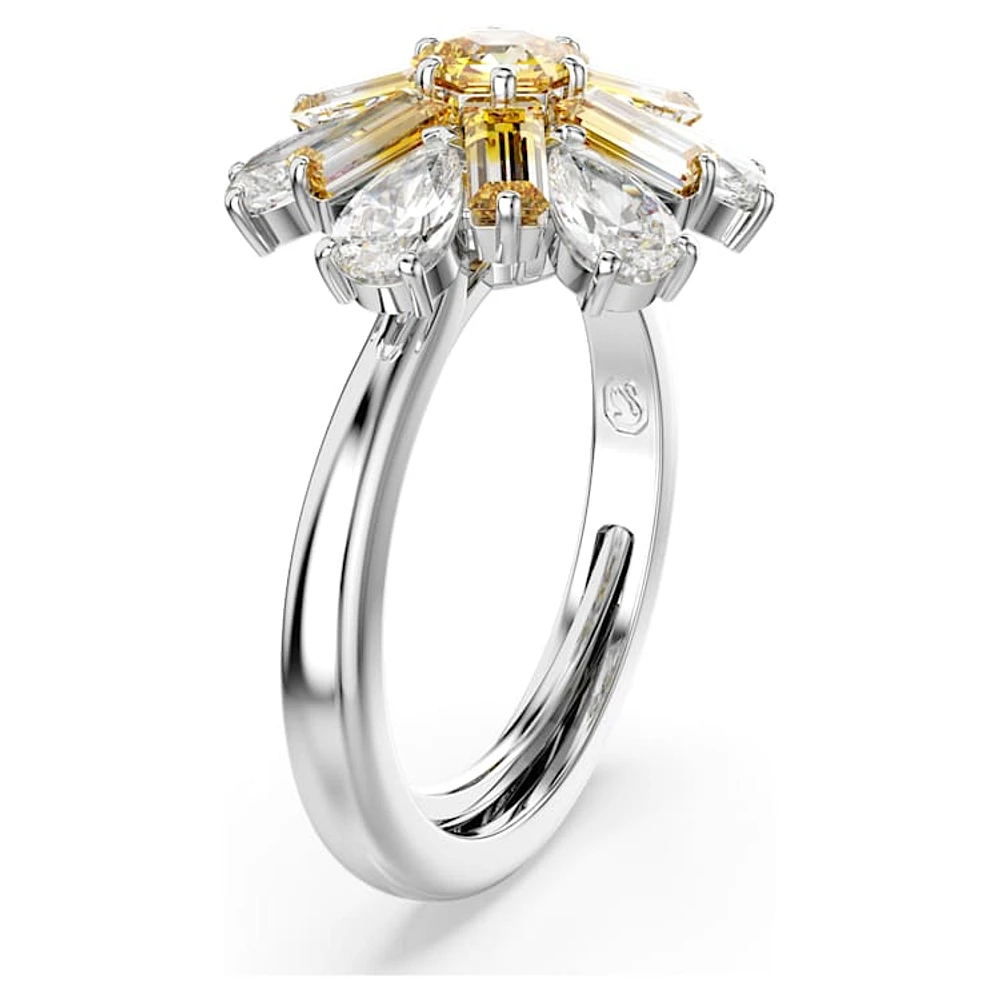 Idyllia cocktail ring, Mixed cuts, Flower, Yellow, Rhodium plated by SWAROVSKI