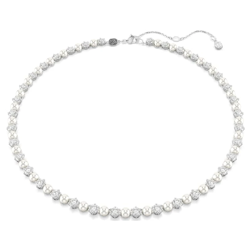 Matrix Tennis necklace, Crystal pearl, Round cut, White, Rhodium plated by SWAROVSKI