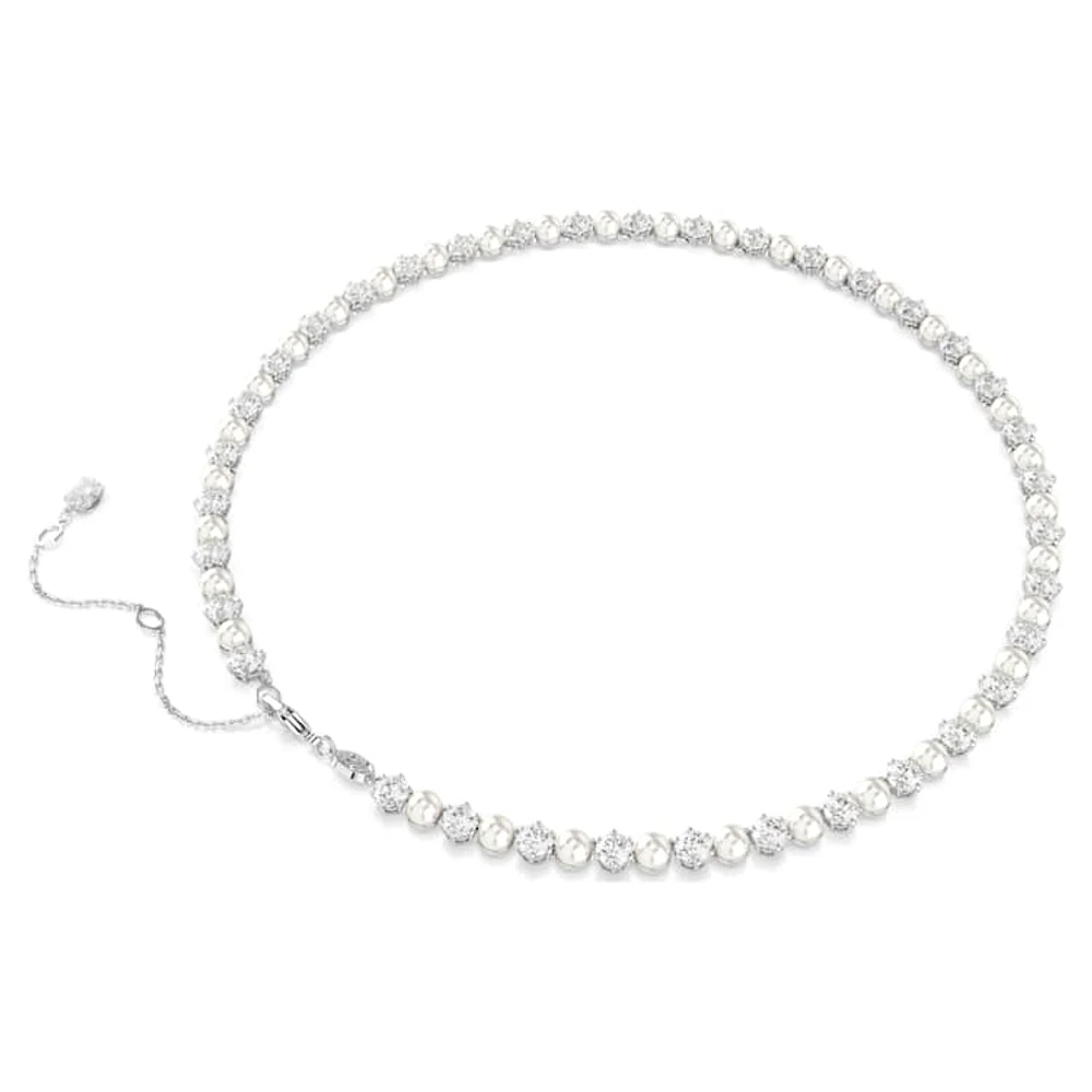 Matrix Tennis necklace, Crystal pearl, Round cut, White, Rhodium plated by SWAROVSKI