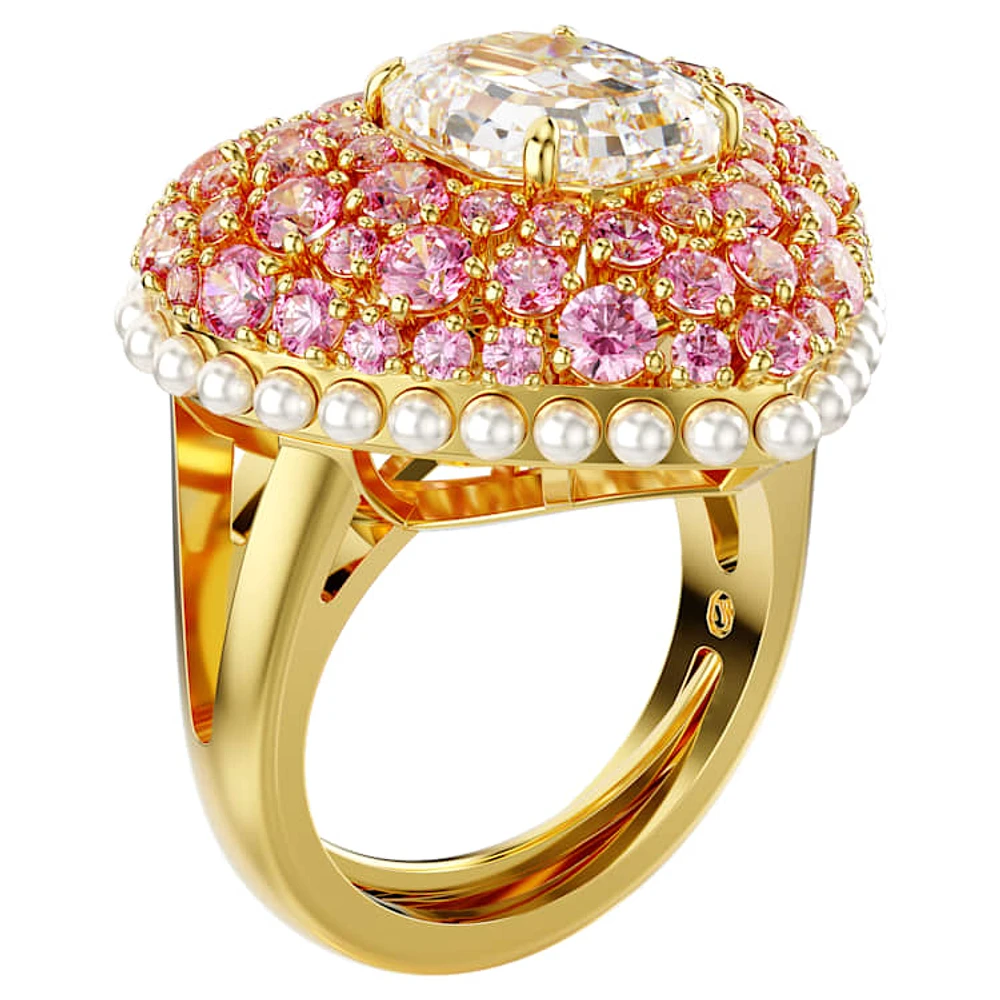 Idyllia cocktail ring, Octagon cut, Crystal pearls, Heart, Pink, Gold-tone plated by SWAROVSKI