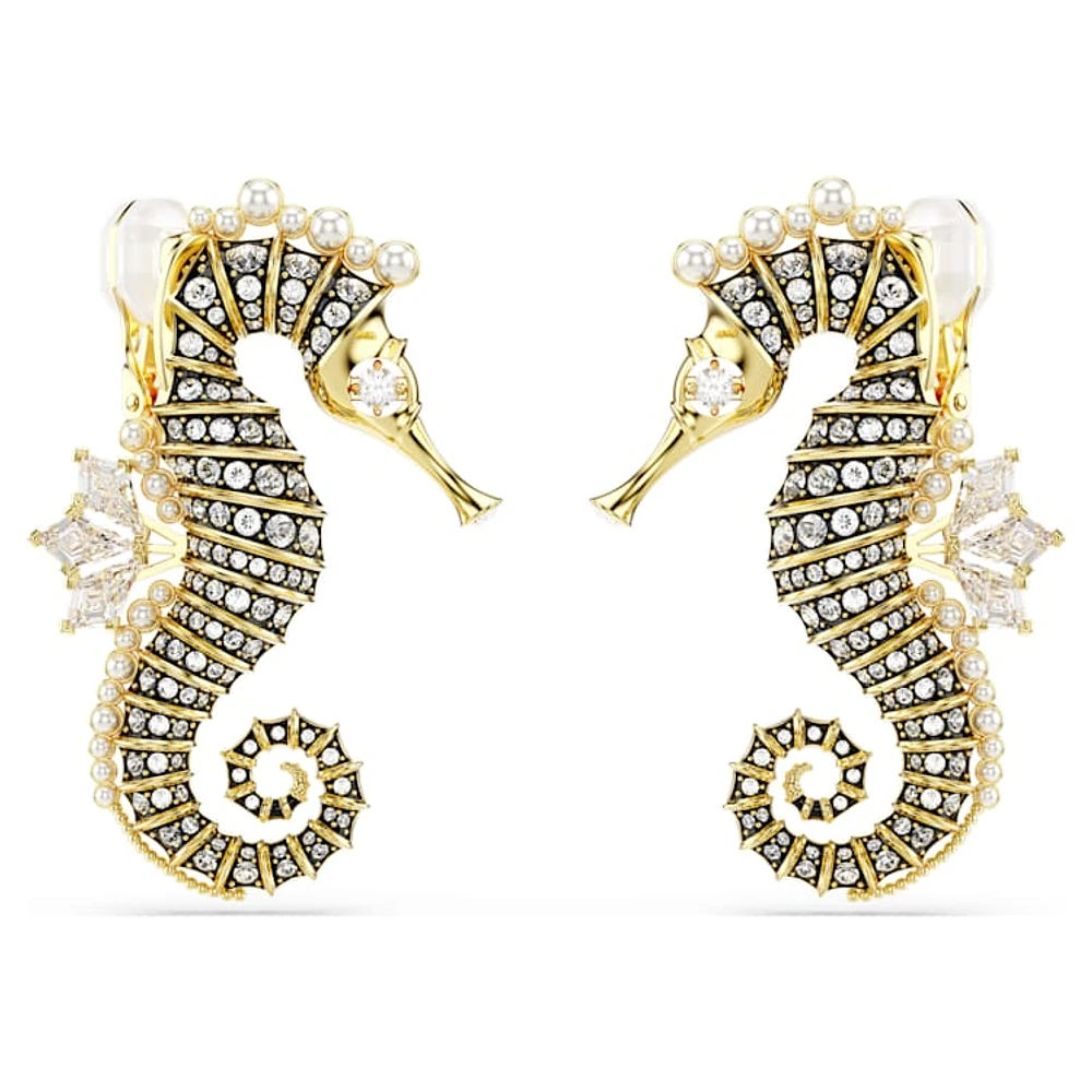 Idyllia clip earrings, Crystal pearl, Seahorse, White, Gold-tone plated by SWAROVSKI