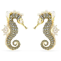 Idyllia clip earrings, Crystal pearl, Seahorse, White, Gold-tone plated by SWAROVSKI