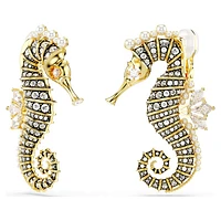 Idyllia clip earrings, Crystal pearl, Seahorse, White, Gold-tone plated by SWAROVSKI