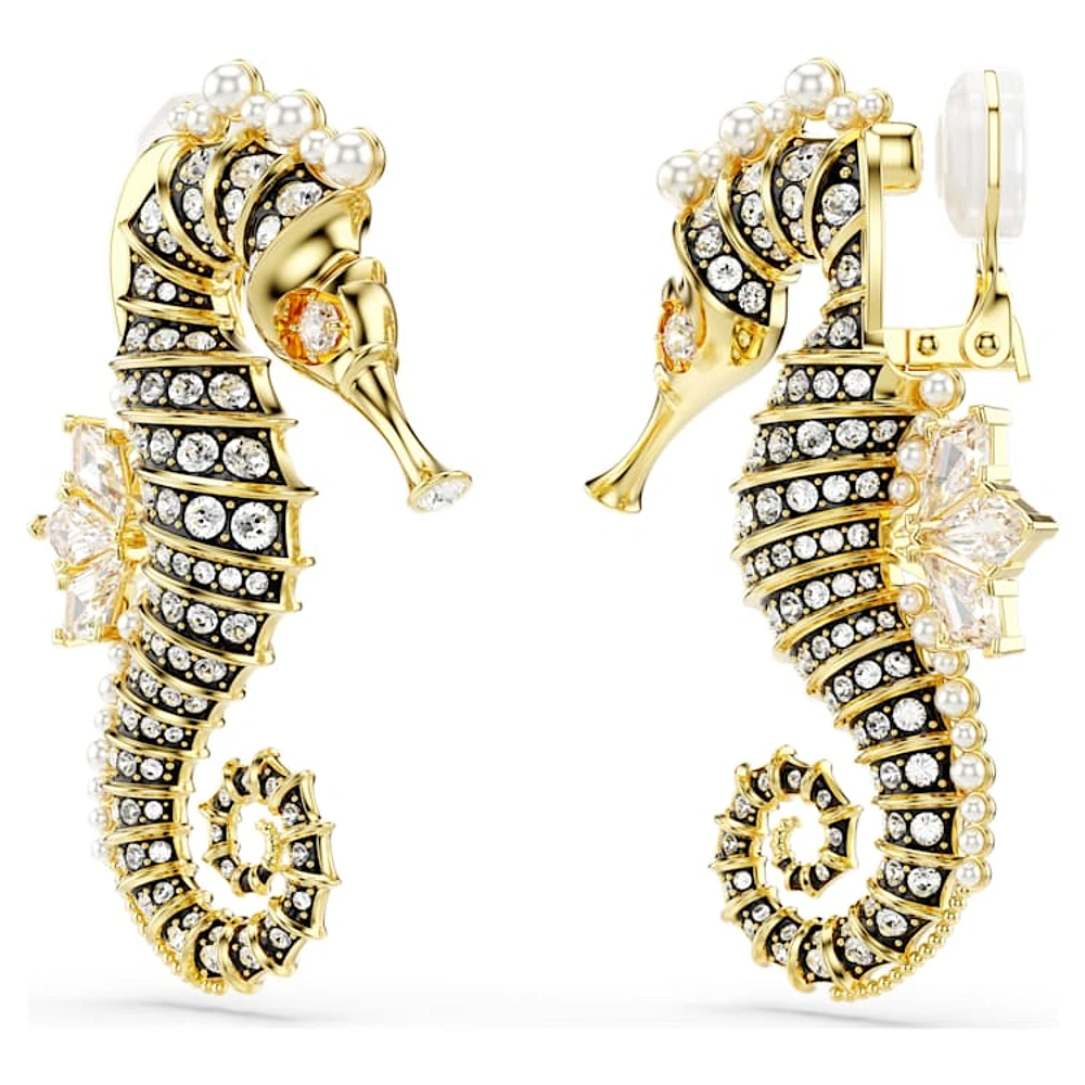 Idyllia clip earrings, Crystal pearl, Seahorse, White, Gold-tone plated by SWAROVSKI