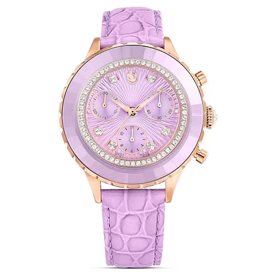 Octea Chrono watch, Swiss Made, Leather strap, Purple, Rose gold-tone finish by SWAROVSKI