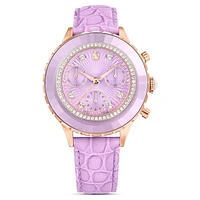 Octea Chrono watch, Swiss Made, Leather strap, Purple, Rose gold-tone finish by SWAROVSKI