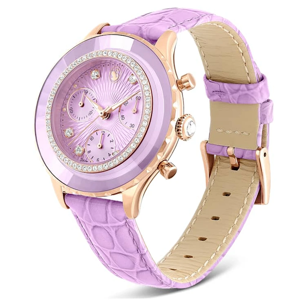 Octea Chrono watch, Swiss Made, Leather strap, Purple, Rose gold-tone finish by SWAROVSKI