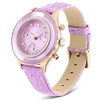 Octea Chrono watch, Swiss Made, Leather strap, Purple, Rose gold-tone finish by SWAROVSKI