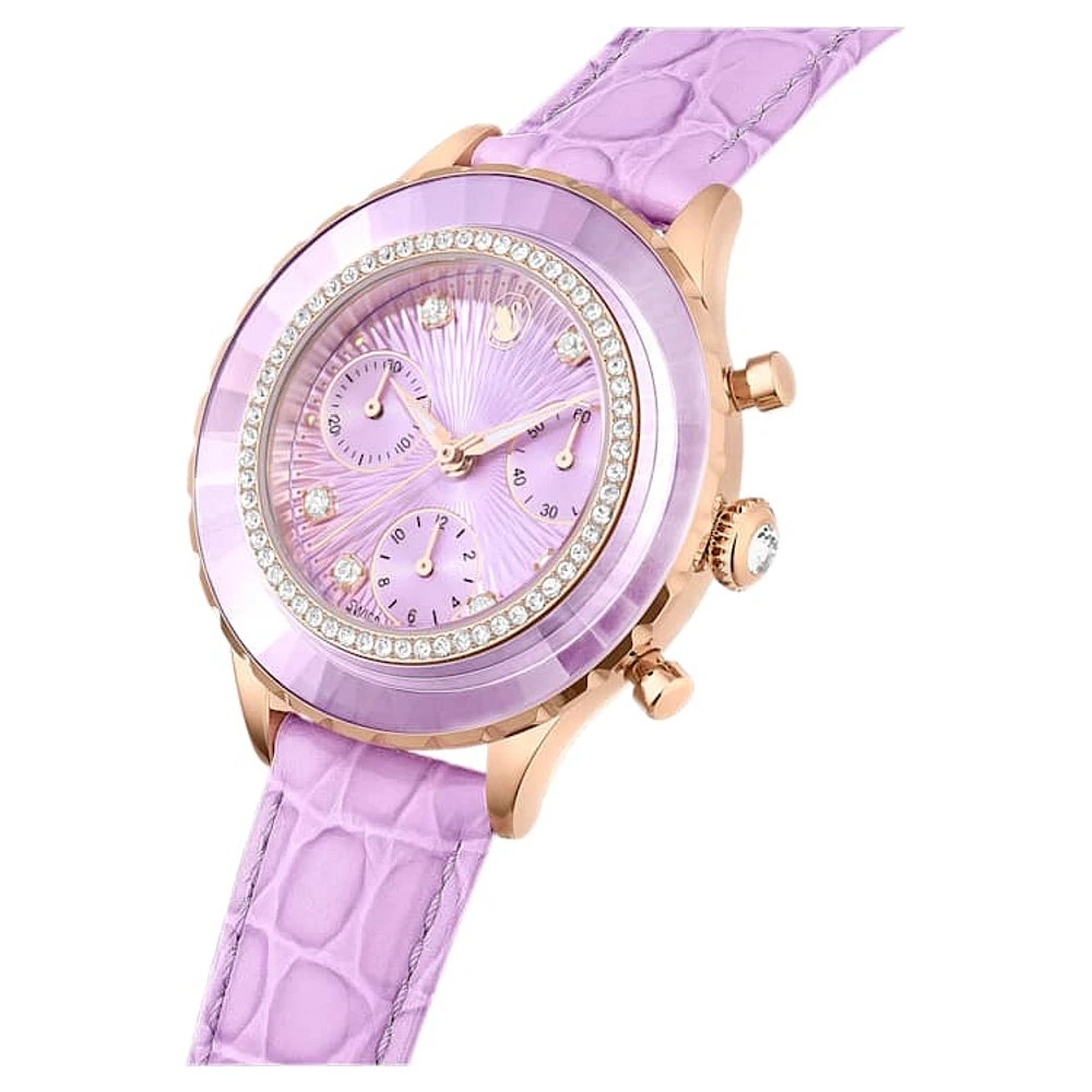 Octea Chrono watch, Swiss Made, Leather strap, Purple, Rose gold-tone finish by SWAROVSKI