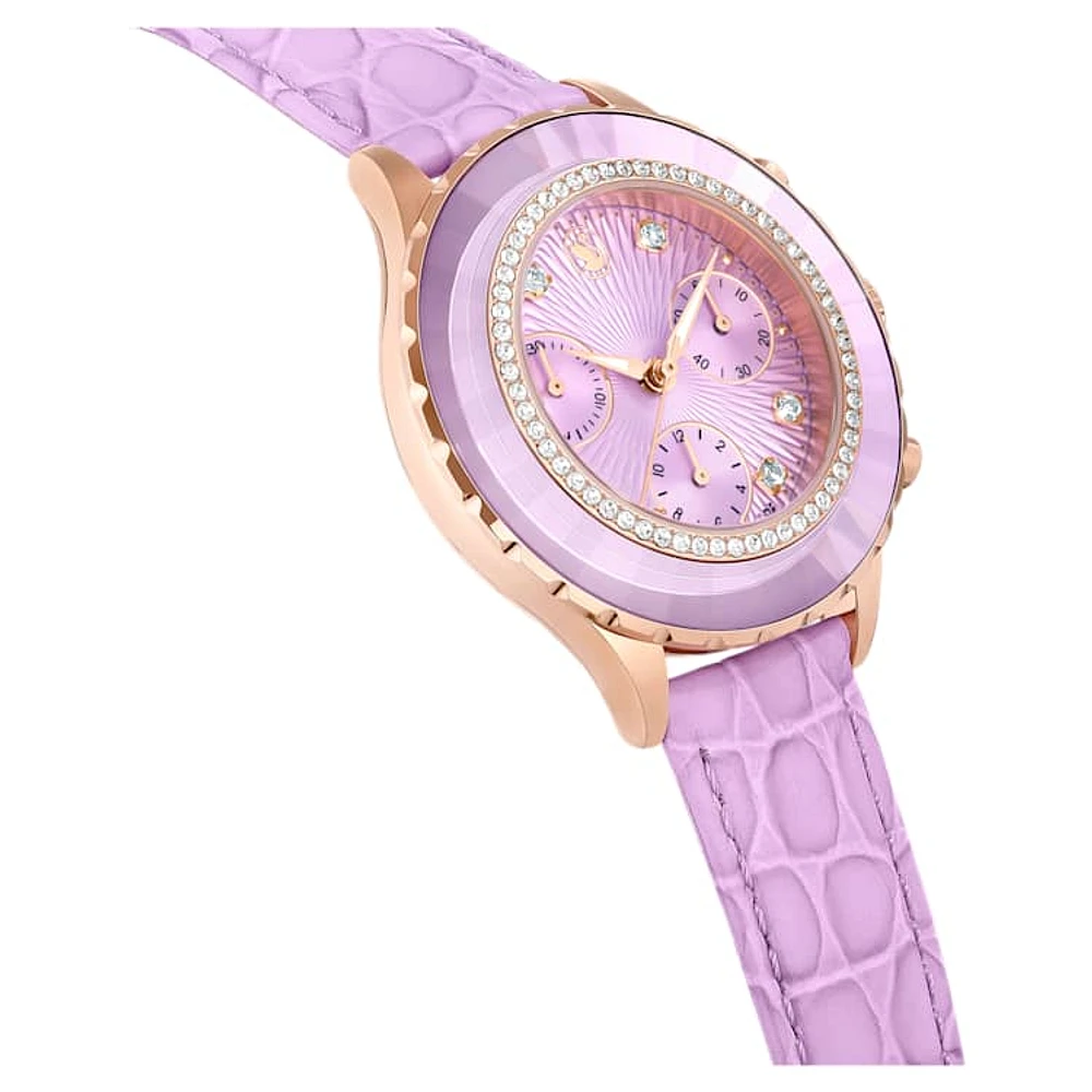 Octea Chrono watch, Swiss Made, Leather strap, Purple, Rose gold-tone finish by SWAROVSKI