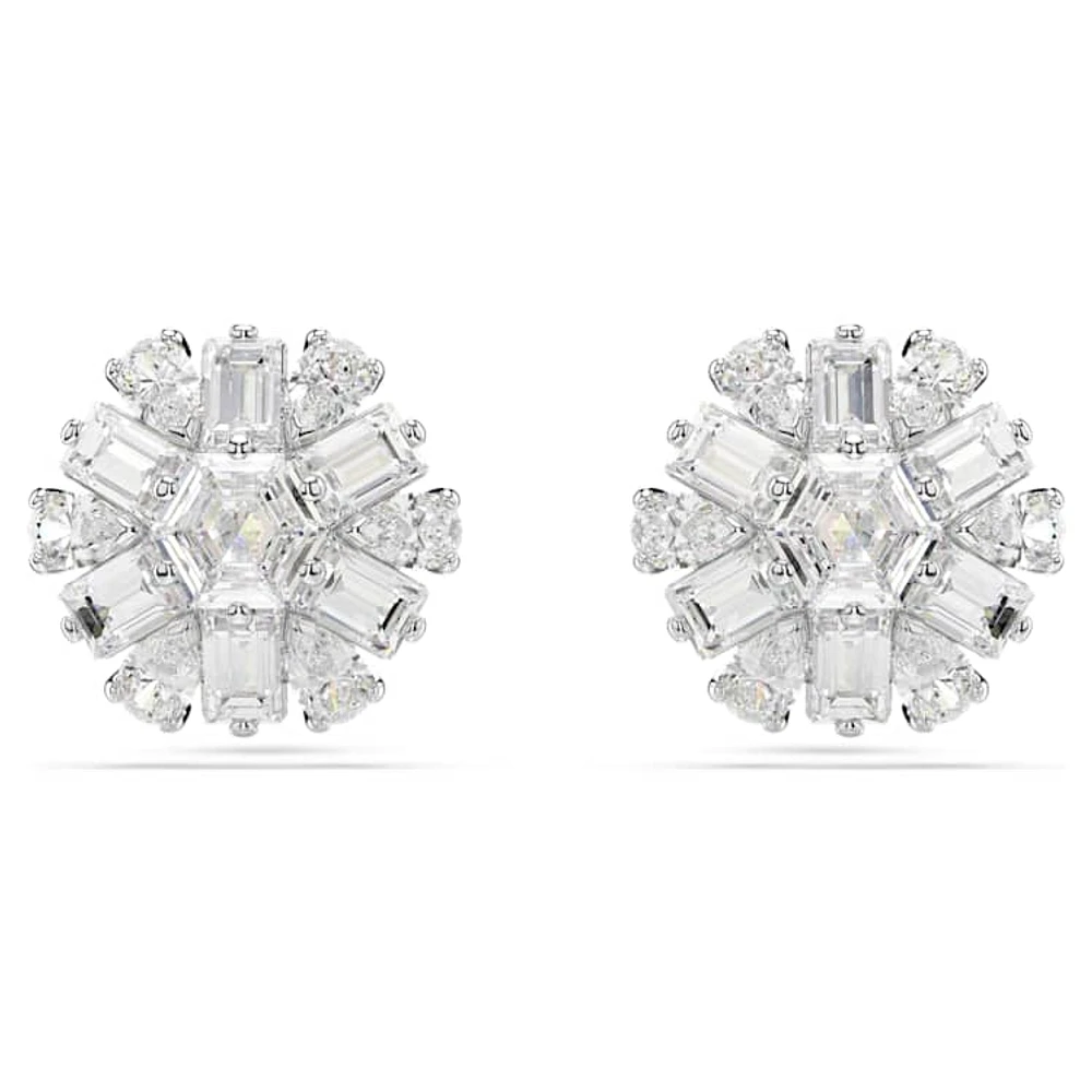 Idyllia stud earrings, Mixed cuts, Snowflake, White, Rhodium plated by SWAROVSKI