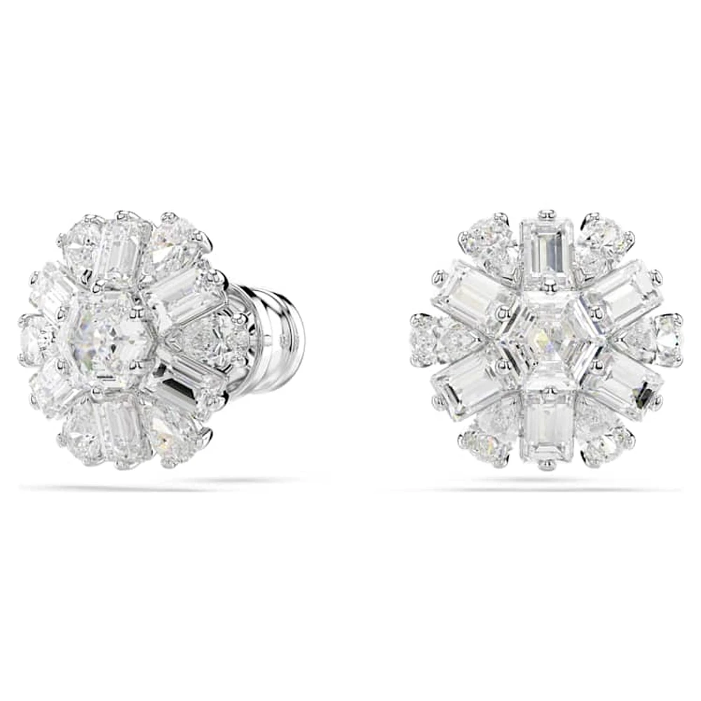 Idyllia stud earrings, Mixed cuts, Snowflake, White, Rhodium plated by SWAROVSKI