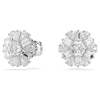 Idyllia stud earrings, Mixed cuts, Snowflake, White, Rhodium plated by SWAROVSKI