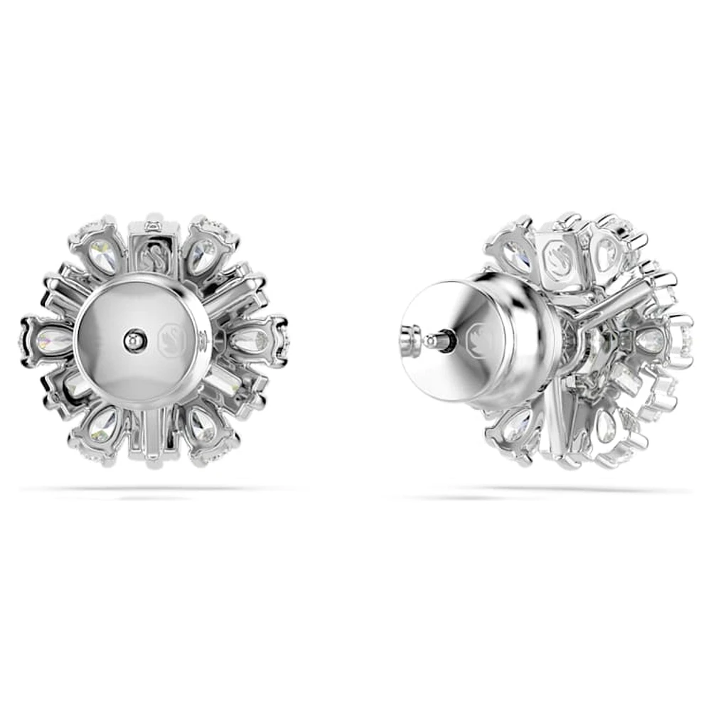 Idyllia stud earrings, Mixed cuts, Snowflake, White, Rhodium plated by SWAROVSKI