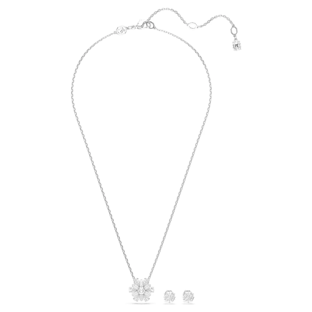 Idyllia set, Mixed cuts, Snowflake, White, Rhodium plated by SWAROVSKI