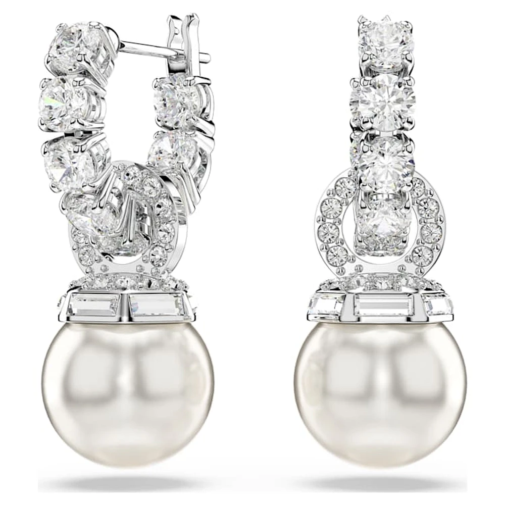 Matrix drop earrings, Crystal pearl, Round cut, White, Rhodium plated by SWAROVSKI