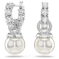 Matrix drop earrings, Crystal pearl, Round cut, White, Rhodium plated by SWAROVSKI