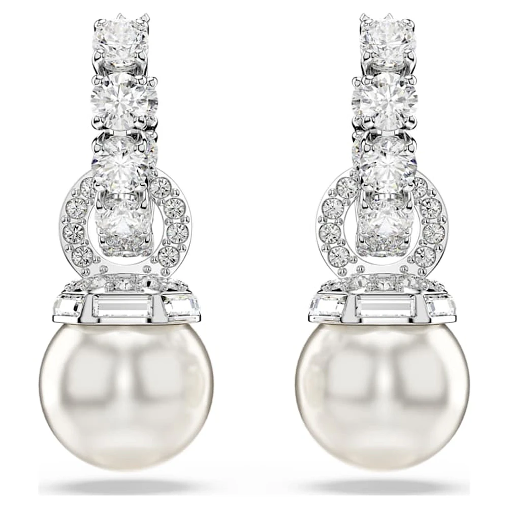 Matrix drop earrings, Crystal pearl, Round cut, White, Rhodium plated by SWAROVSKI