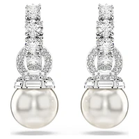 Matrix drop earrings, Crystal pearl, Round cut, White, Rhodium plated by SWAROVSKI